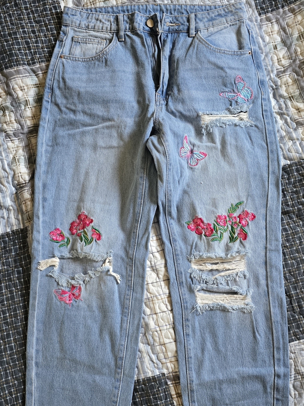 SHEIN Light Blue Boyfriend Jeans with Pink Floral & Butterfly Embroidery